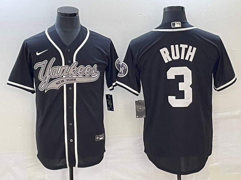 Men's New York Yankees Babe Ruth #3 Black Jersey Joint Edition